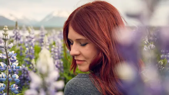 A solo female traveller in a field of purple lupines in Iceland.