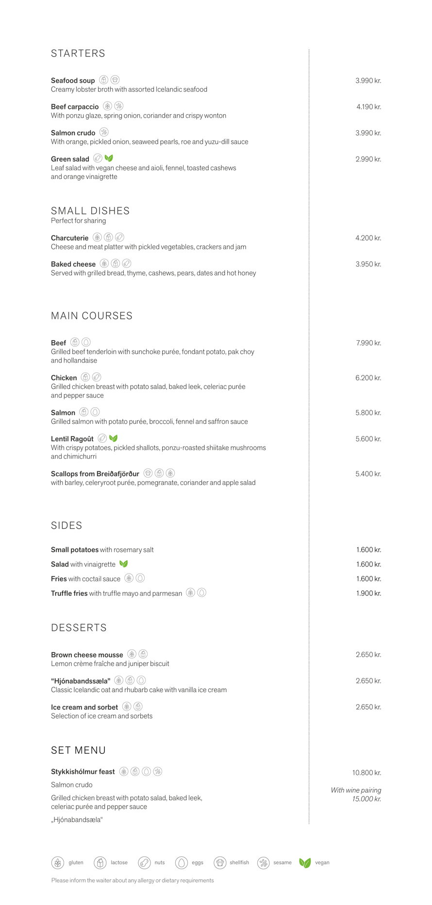 Dinner menu