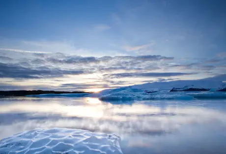A wide-angle image of Jokulsarlon Lagoon in Iceland taken in February.