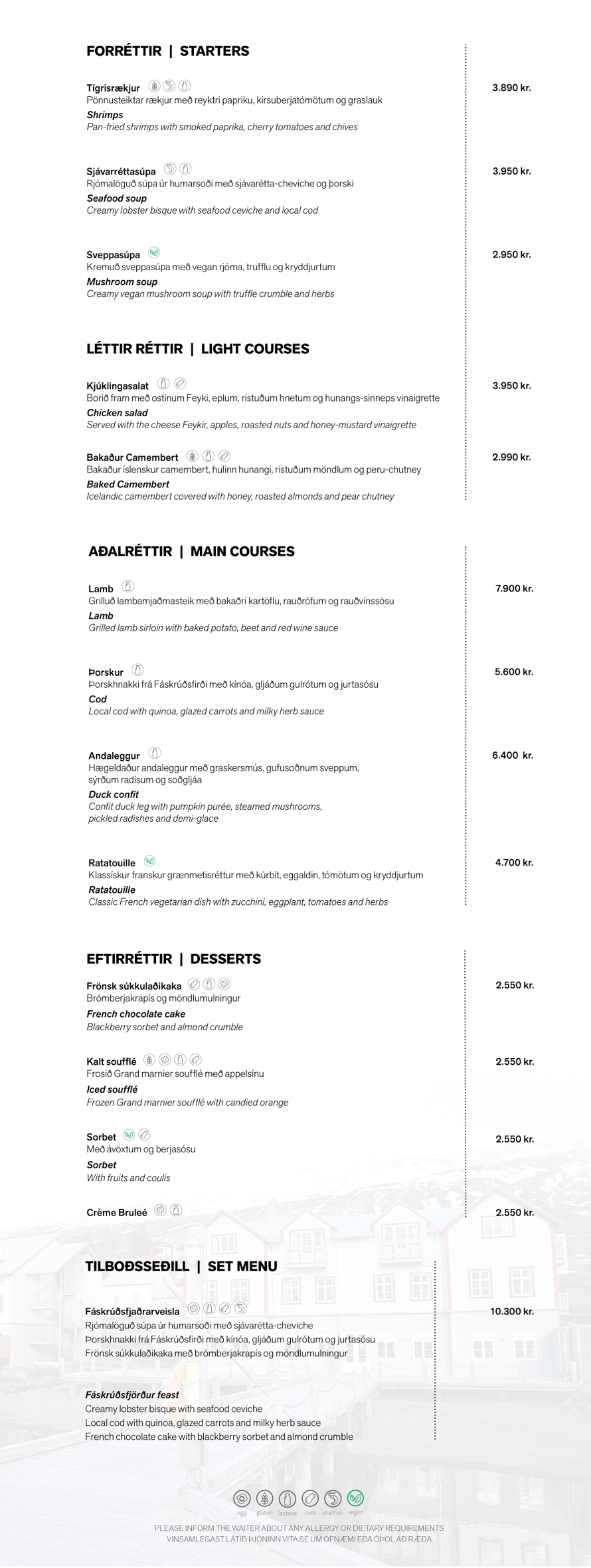 Dinner menu