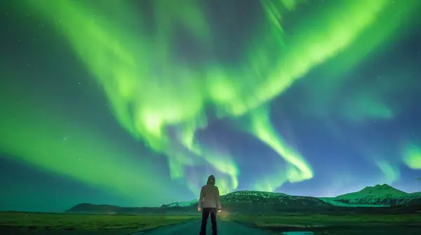 Northern lights mountain & highway